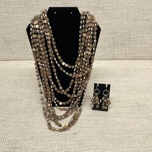 Chicos Layered Wood Bead Necklace Set, Dangle Earrings Gold Tone,